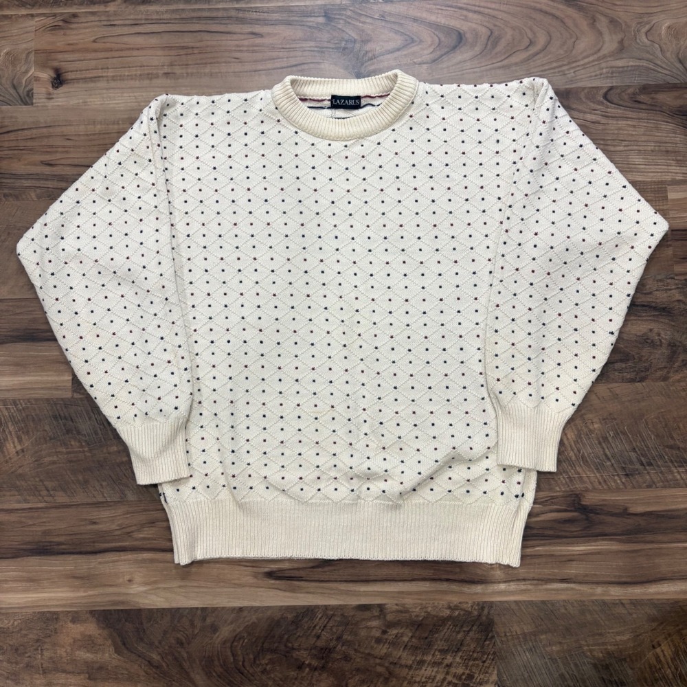 Vintage Y2K Lazarus Sweater Mens Large Cream 80s Diamond Knit Cotton Pullover